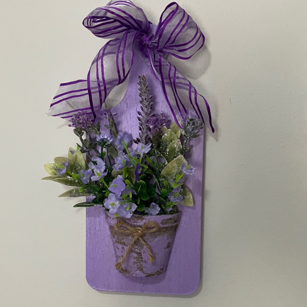 Purple Floral Wall Accent with Bow. Mini wooden cutting board hand designed.